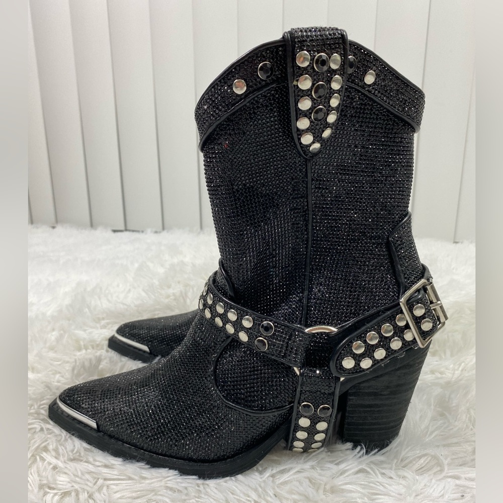 POSTER GIRL Sheriff Shine Rhinestone Cowboy Boots Pointed Toe Stirrup Black 8